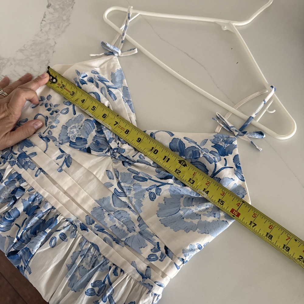 CeCe Women's White Blue Floral Maxi Dress Ruched V Neck Bodice Box Straps Size S - Picture 10 of 12